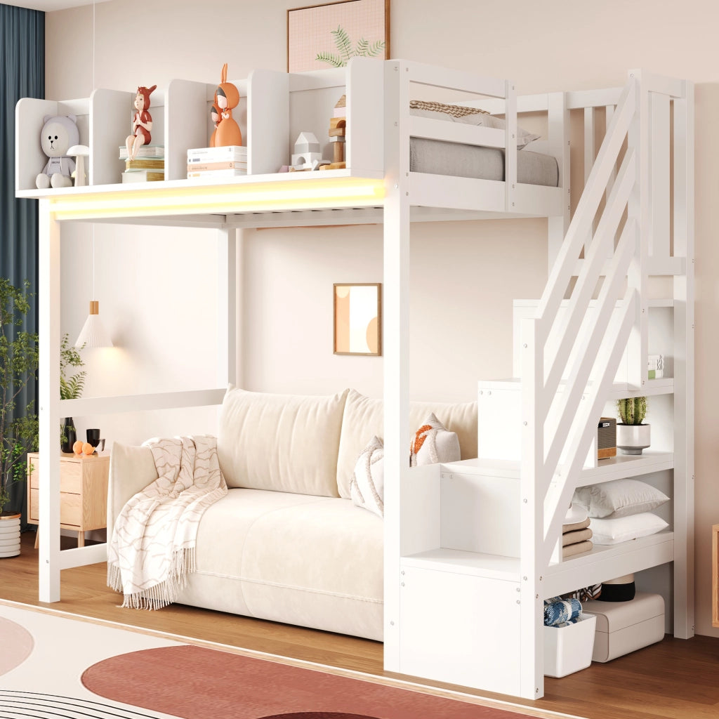 Letto a soppalco 90×200 cm; letto singolo con sponda; LED e ripiani; senza materasso; bianco