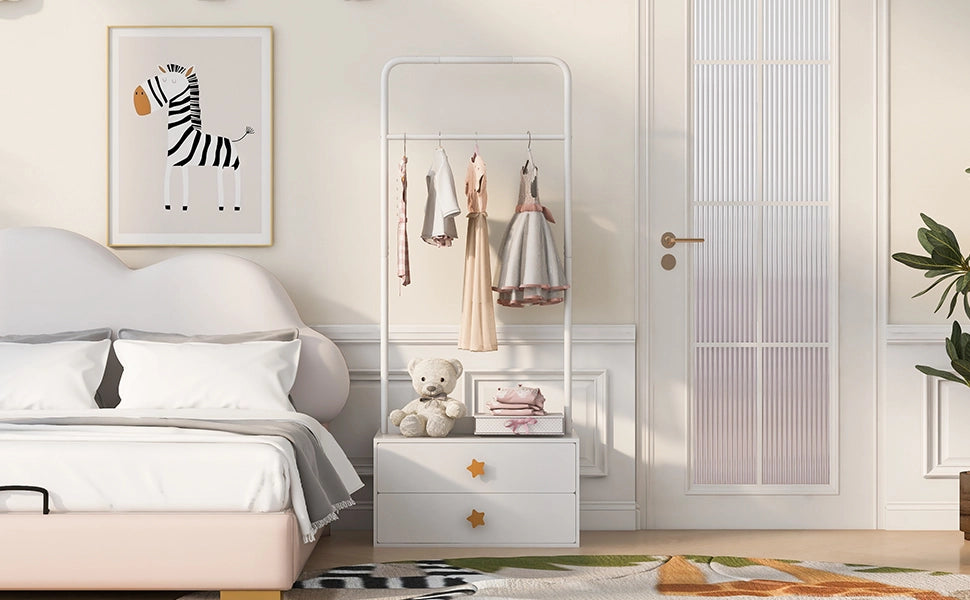 Scaffale con asta appendiabiti e due cassetti, struttura stabile per camera dei bambini, in MDF bianco 70 × 55 × 168 cm