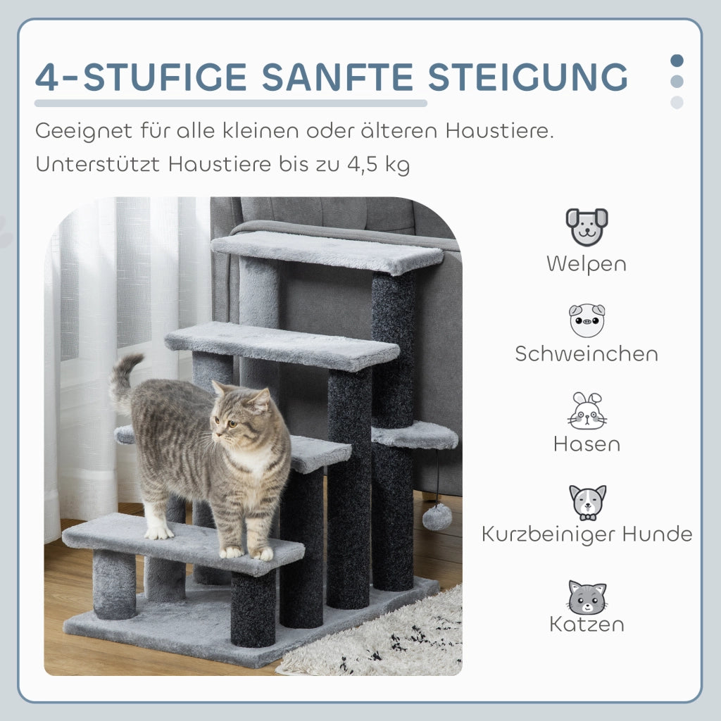 Scaletta per gatti alta 64 cm, ideale per gatti anziani, con 4 gradini, pallina da gioco e piattaforma in juta e peluche, colore grigio.