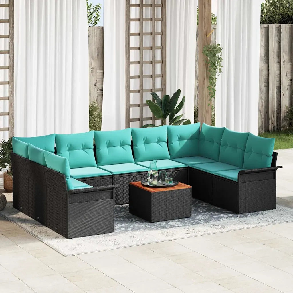 Set Divano da Giardino 10 pcs Nero e Turchese polyrattan