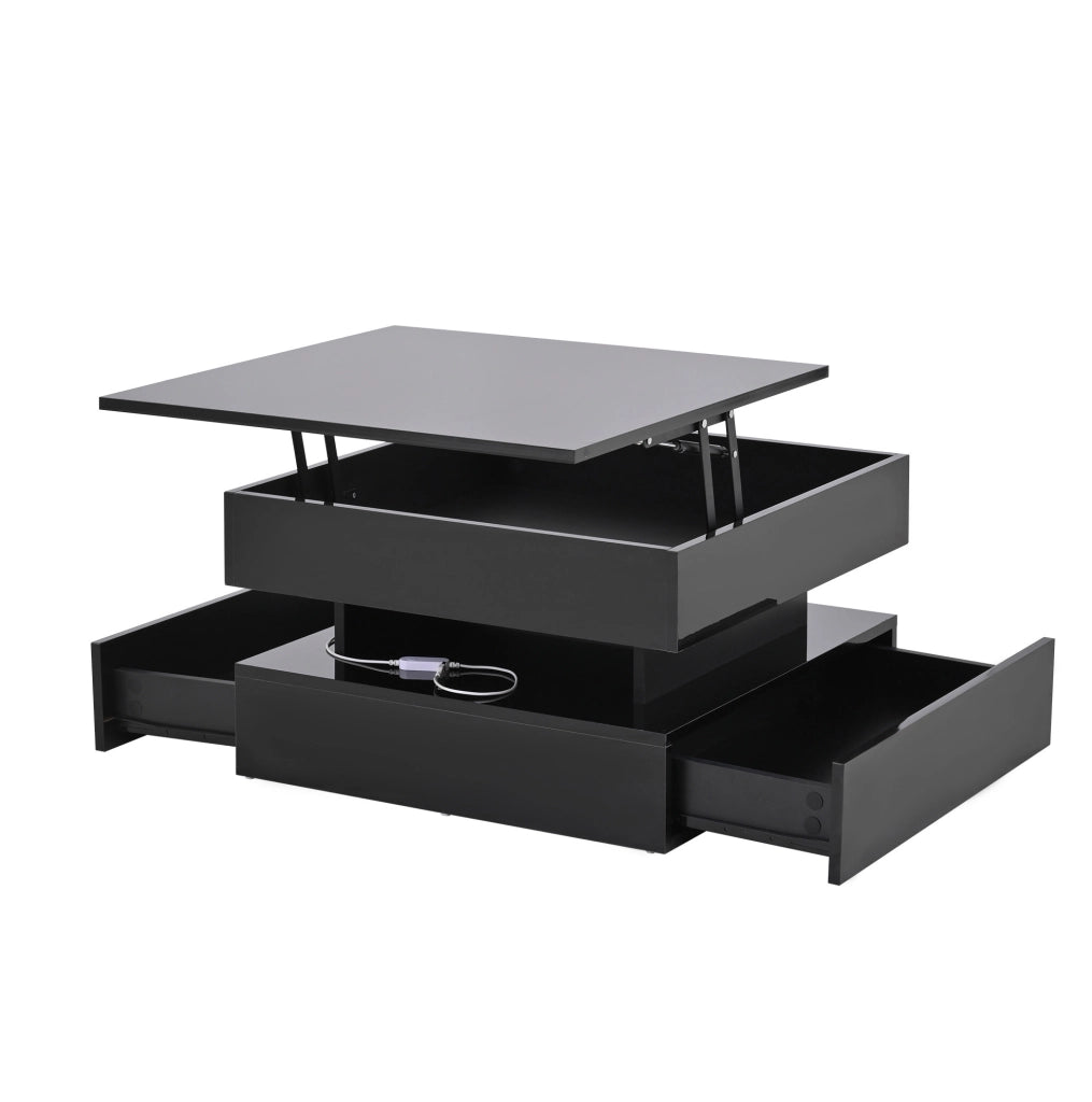 Tavolino da salotto quadrato sollevabile 65 x 65 x 38;5 cm in truciolare nero con LED e 2 cassetti