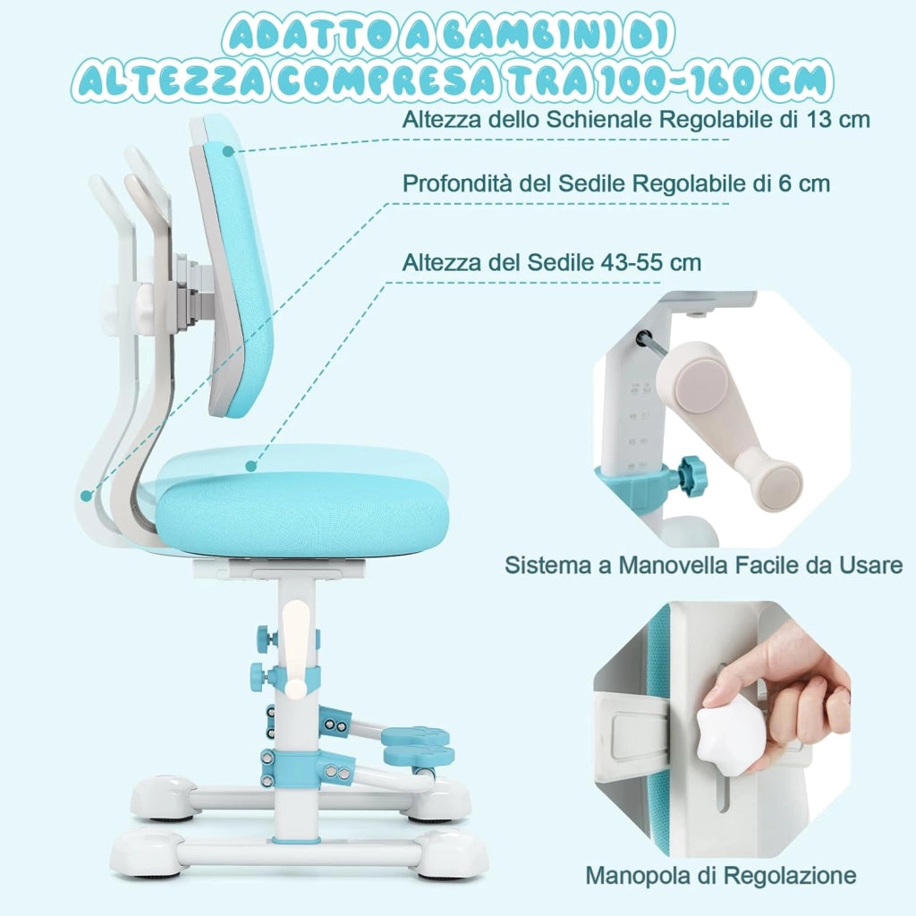Sedia da Studio per Bambini, Poltrona Ergonomica da Scrivania con Schienale Doppio Regolabile e Poggiapiedi, Sedia Regolabile in Altezza Senza Braccioli per Bambini 3+ Anni (Blu)