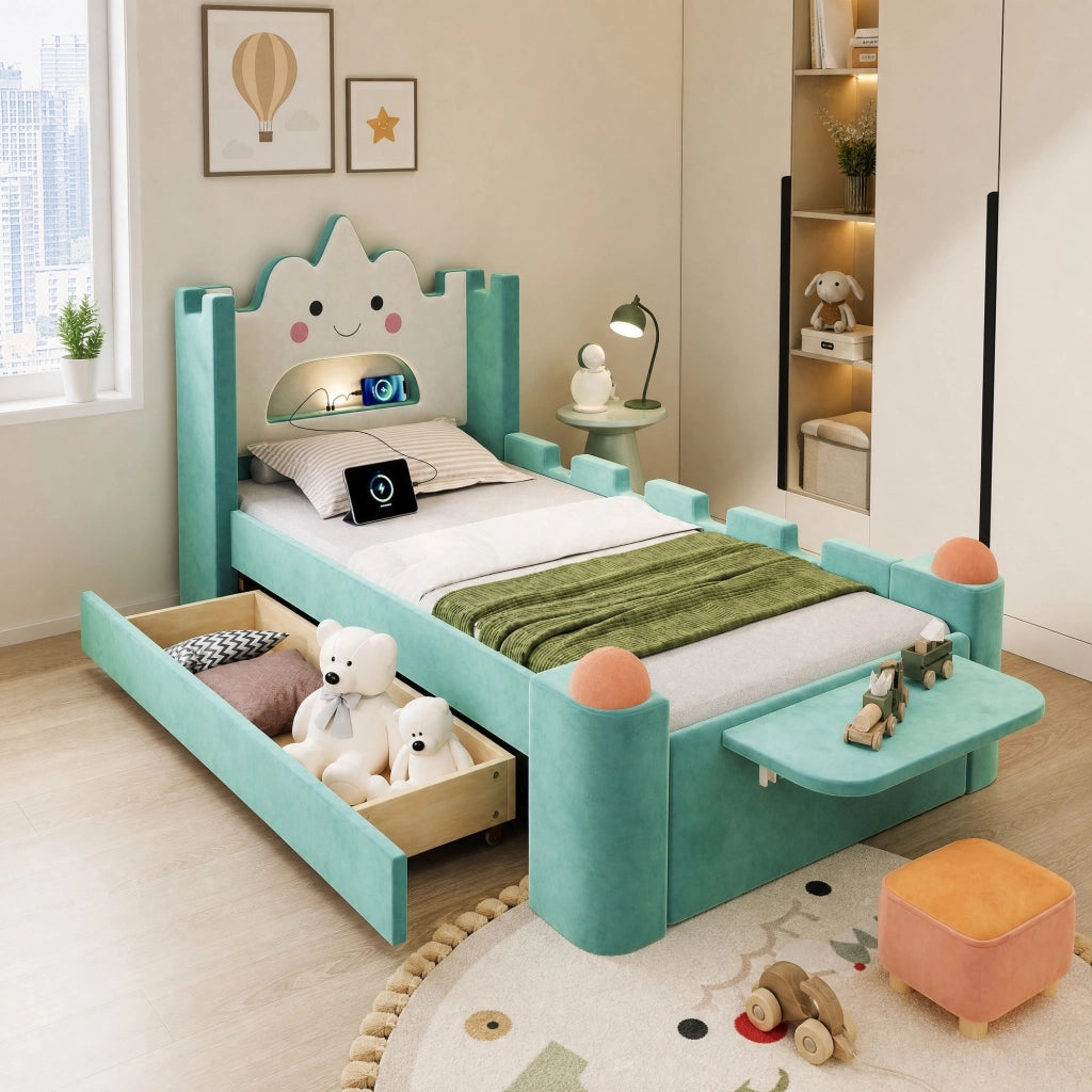 Letto imbottito per bambini 90x200 cm con LED, USB e cassetto