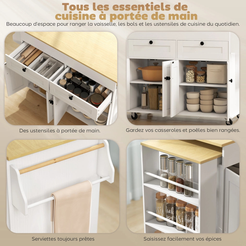 Tavolo da cucina allungabile con cassetti e ruote ¨C Zephmum ¨C Bianco