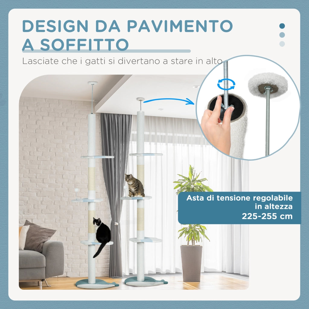 Albero Tiragraffi per Gatti a Soffitto con Palo Regolabile da 225-255 cm in Peluche Bianco