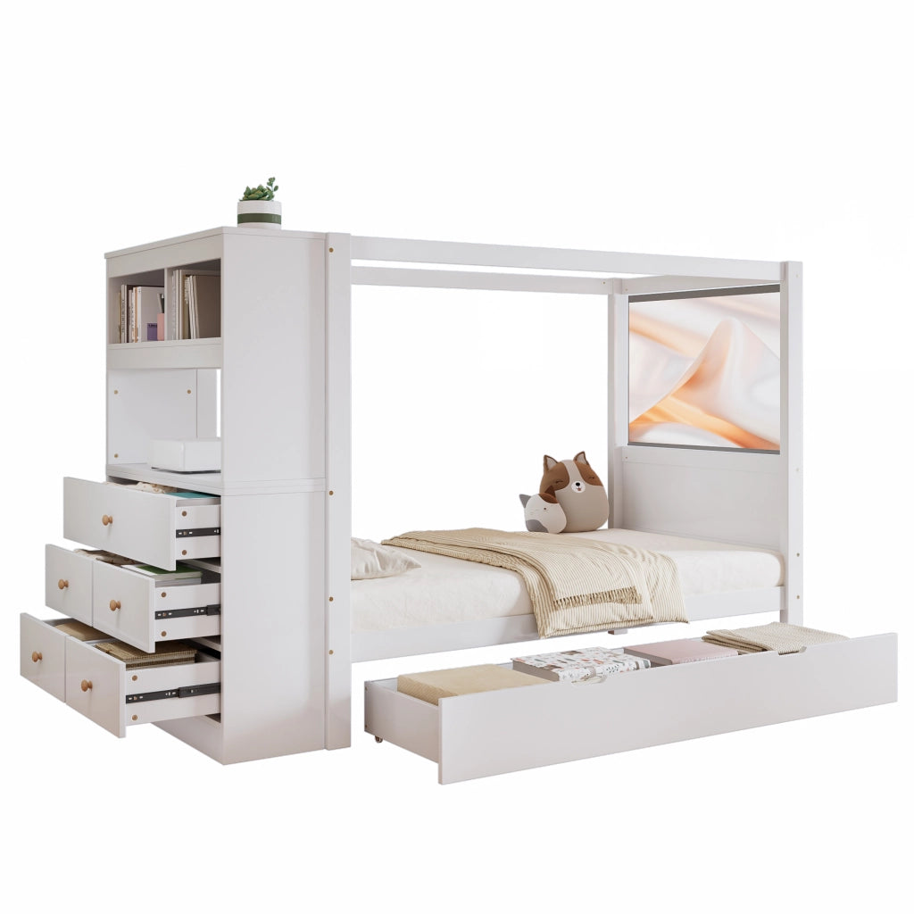 Letto con Sponda 90x200 cm; Letto Singolo - 5 Cassetti; Armadio Laterale e Scrivania - Bianco