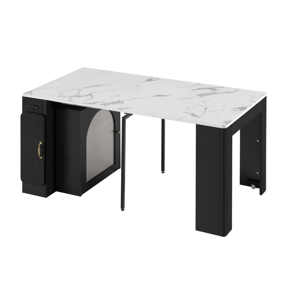 Tavolo allungabile 83x39.6~79.6~119.6~149.6x77 cm con ruote e prese USB Type-C in MDF e vetro bianco e nero