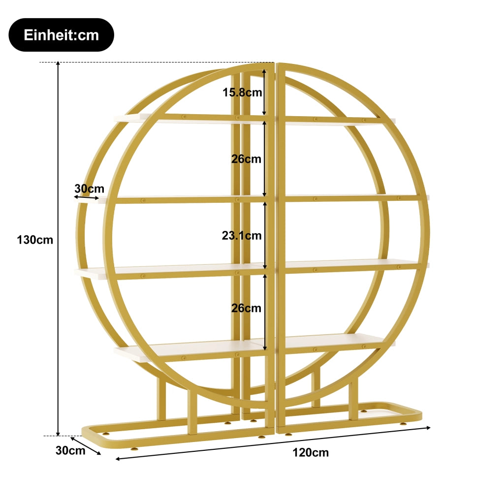 Libreria ad arco 120×30×130 cm, 2 pezzi, struttura in metallo oro con ripiani MDF bianchi, scaffale modulare