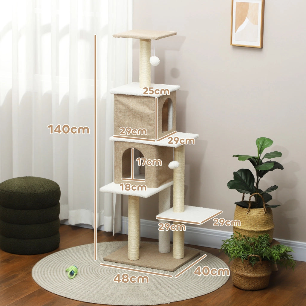 Albero tiragraffi per gatti con piattaforme, tane e palline ¨C zephmum ¨C marrone chiaro 140 cm