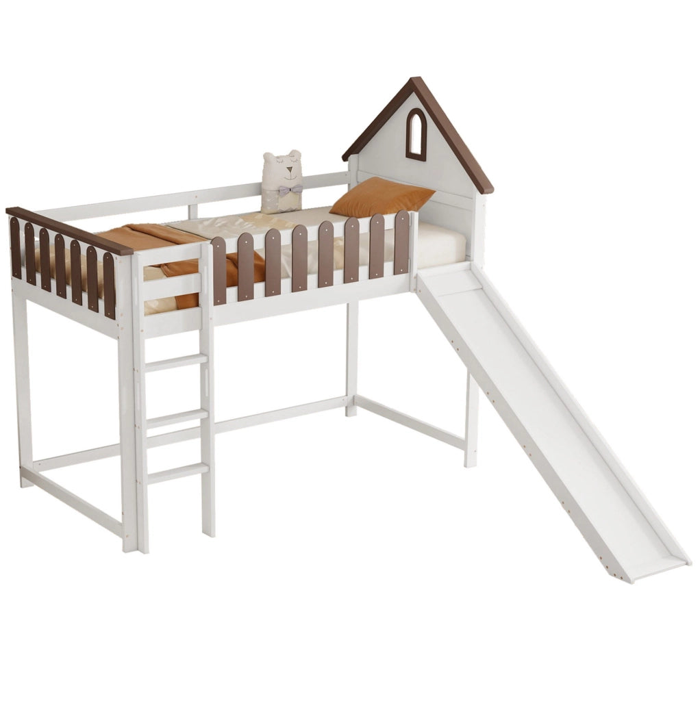 Letto a soppalco 90x200 cm con scivolo e scala dritta in legno e MDF bianco noce