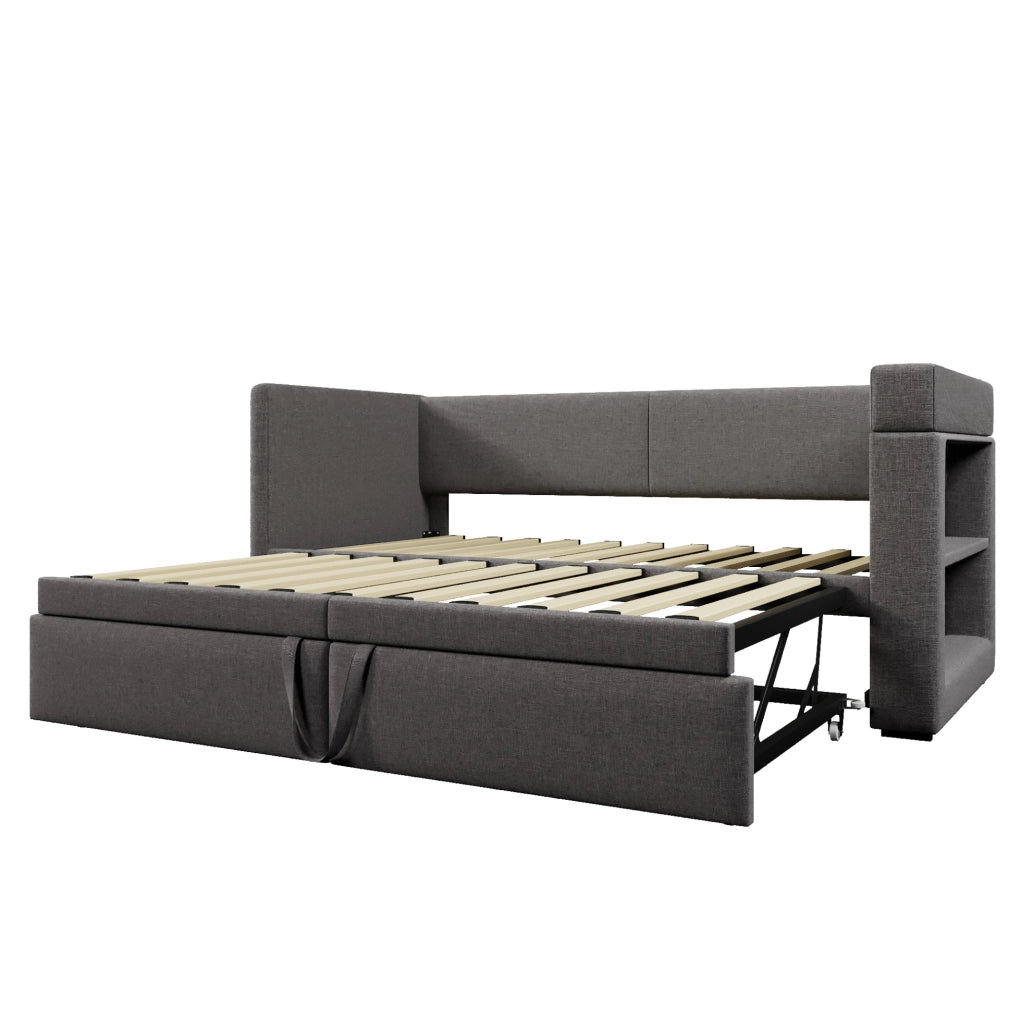 Divano letto ULEVR 90x200 cm con letto estraibile, USB, Type-C e portabicchieri, grigio