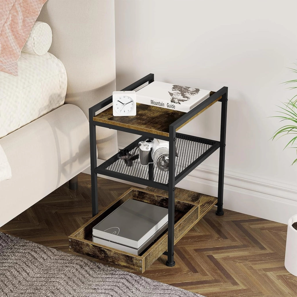 Tavolino da Salotto a 3 Ripiani, Tavolino Divano con Rotelle, Vassoio Rimovibile e Piedini, Mobiletto per Soggiorno, Camera da Letto, in Legno e Metallo, Legno Vintage e Telaio Nero
