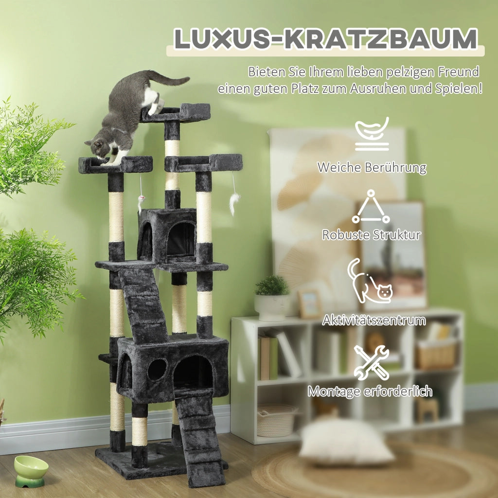 Tiragraffi XXL con cuccia, scaletta, albero per arrampicarsi, multilivello, grigio, 50x50x170 cm