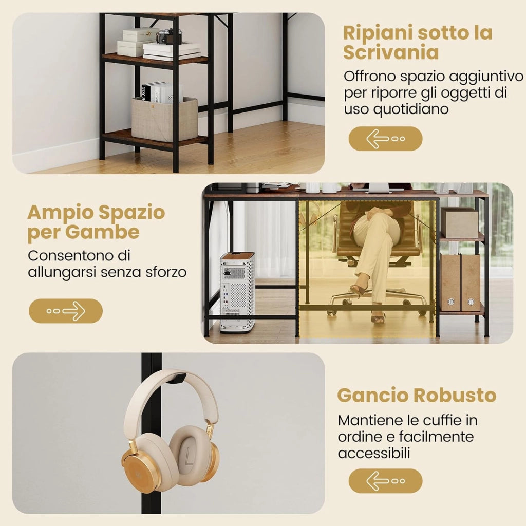 Scrivania a Forma di L con Libreria, Ripiani e Gancio per Cuffie, Scrivania Angolare in Legno con Robusto Telaio in Metallo, Scrittoio per Computer per Soggiorno, Studio e Ufficio (Marrone)