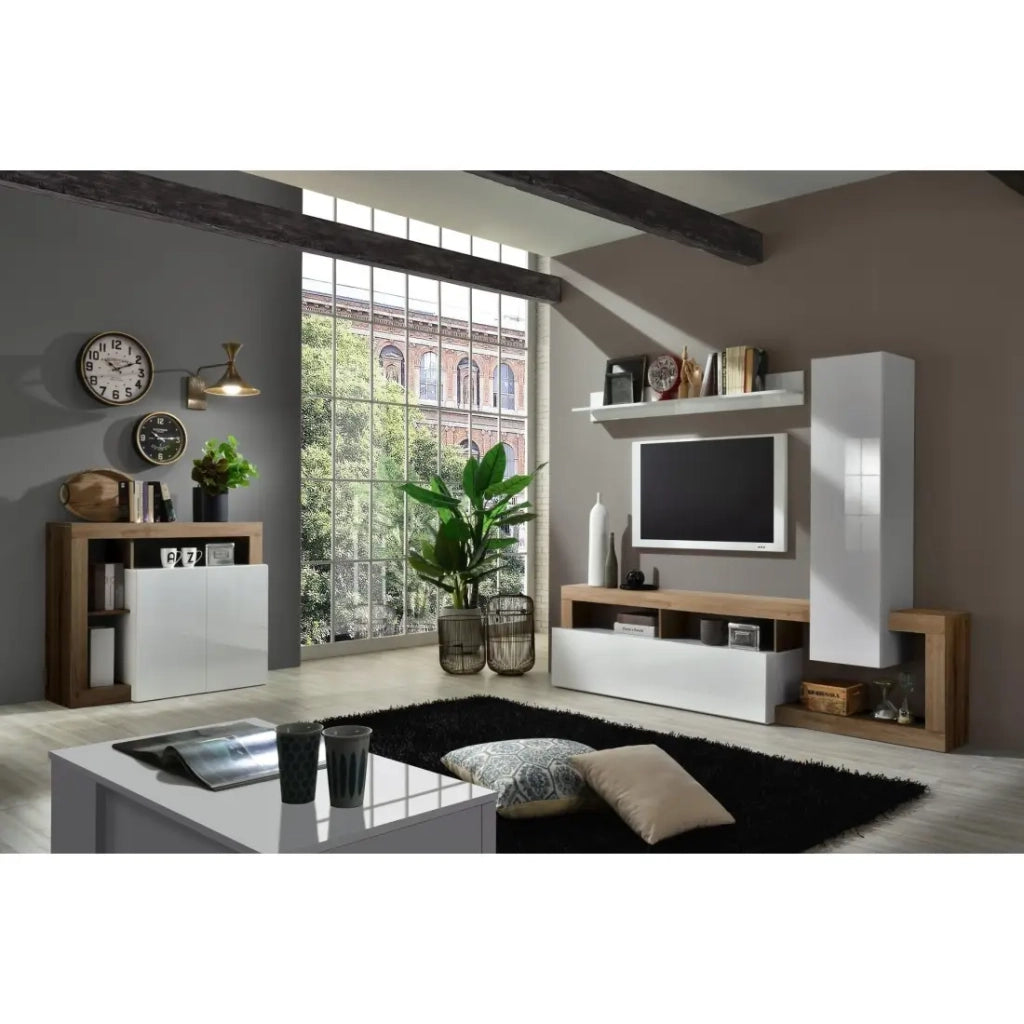 Set arredo salotto con contenitori, collezione BURA, lunghezza 219 cm, bianco laccato/quercia mercurio.