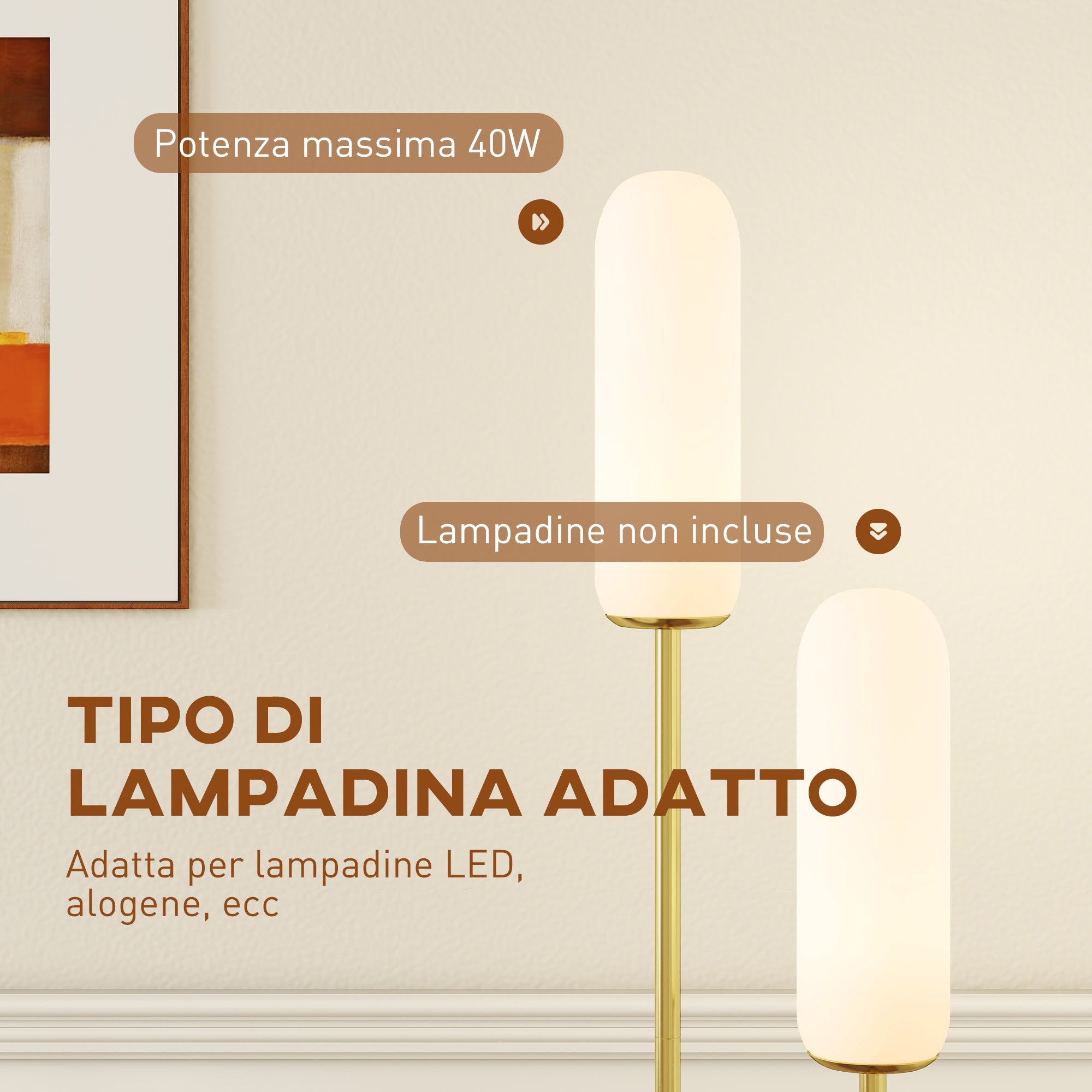 Lampada da Terra a U con 2 Luci 26x12x150 cm Interruttore a Pedale e Base in Marmo Bianco Nero e Oro