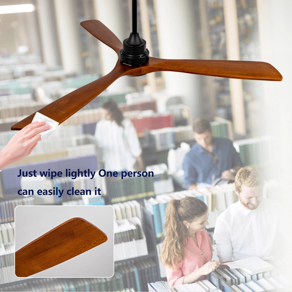 Ventilatore da soffitto da 60 pollici con luce LED; telecomando e pale in legno; noce e nero