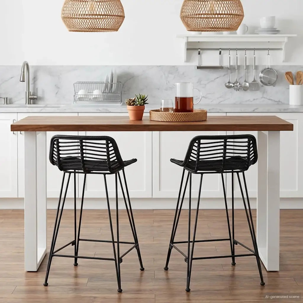 Sgabello da bar 2 pcs Nero 44 x 45 x 76 cm Rattan e acciaio 42033203