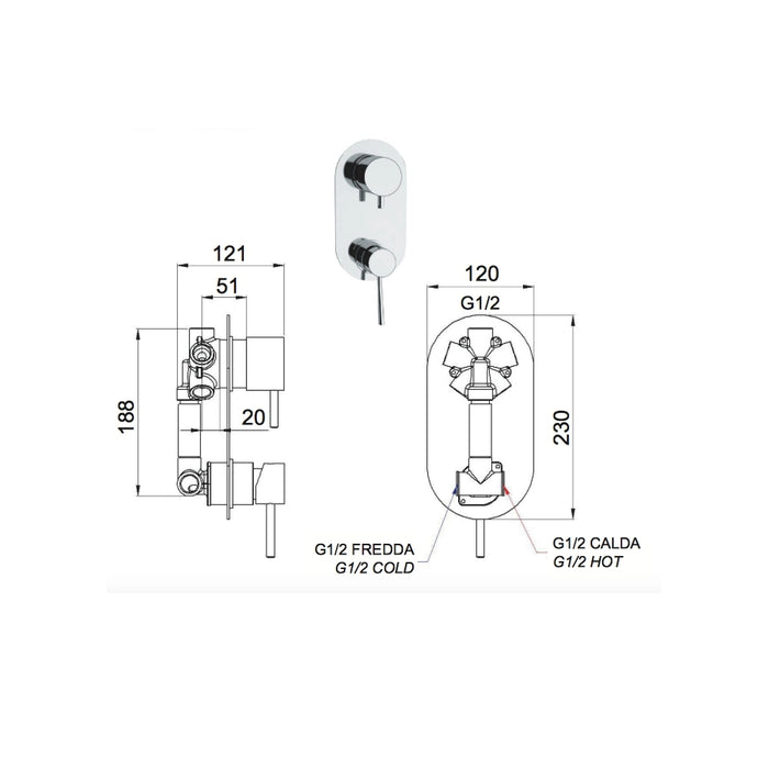 Rubinetto doccia con deviatore a 4 posizioni serie minimal