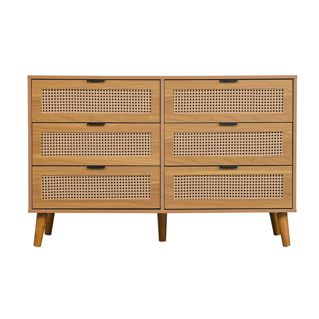 Com¨° a 6 cassetti in finitura noce con frontali effetto rattan e maniglie metalliche, 120x40x76,5 cm