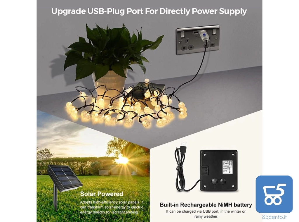 Strip LED Luci Solari e USB da Giardino 8 m 50 LED Impermeabili 8 modalità per Feste Natale Compleanni Luce Bianco Caldo