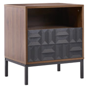 Comodino Marrone scuro MDF Gambe in metallo Cassetto Ripiano Motivo geometrico Comodino da camera da letto