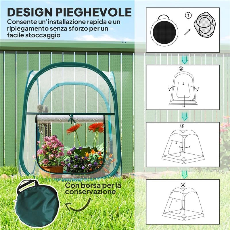 MINI SERRA POP UP CON COPERTURA IN PLASTICA FINESTRA AVVOLGIBILE E BORSA 70X70X80 CM TRASPARENTE