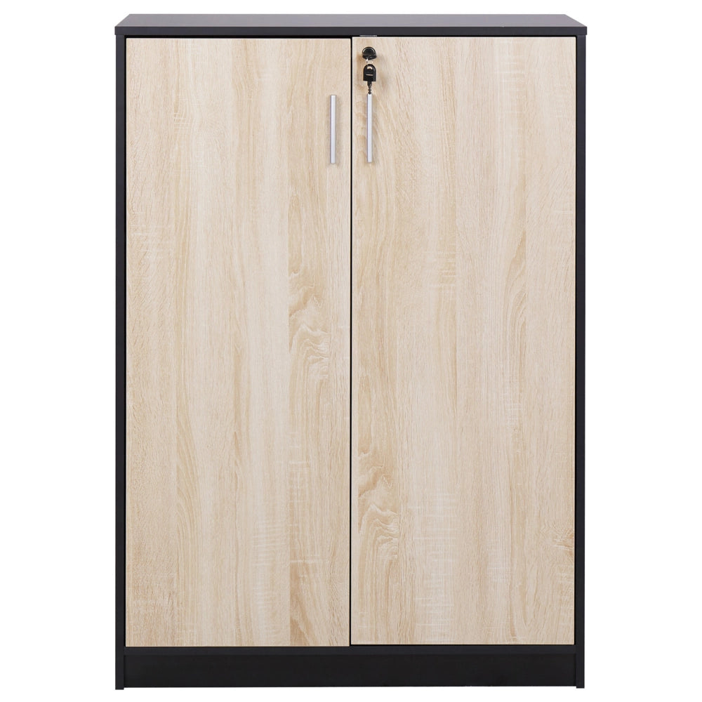Armadietto moderno a 2 porte e 3 ripiani con chiusura a chiave in legno chiaro e nero design moderno ufficio contemporaneo