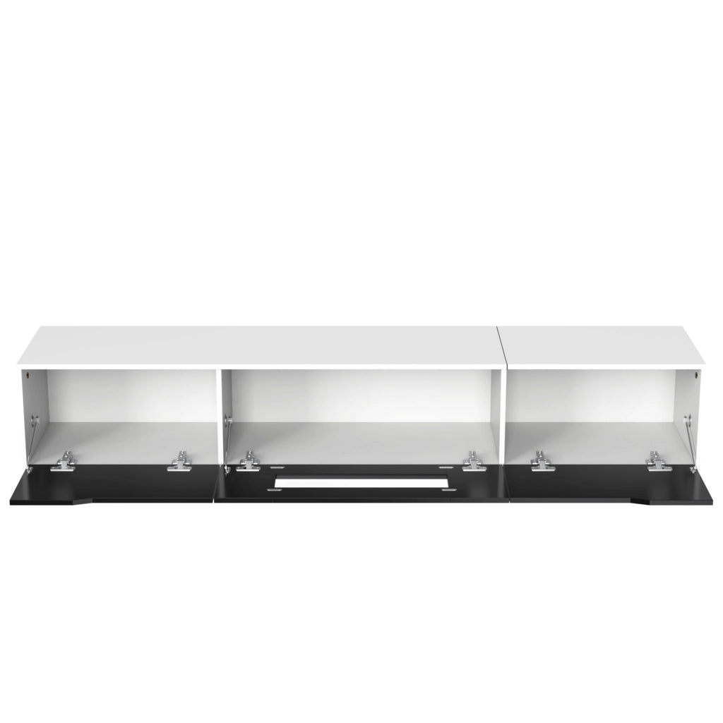 Mobile TV moderno 180x30x35 cm bianco e nero con LED multicolore, ante rigate e finitura lucida