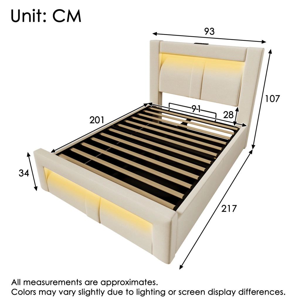 Letto contenitore 90x200 cm con LED; porte USB e USB C; velluto beige; senza materasso