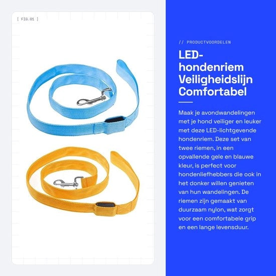 Cinturone LED per cani - Linea di sicurezza - Cinturone in nylon confortevole - Giallo e blu - Cinturone luminoso per cani - Adatto per cani - 2 pezzi