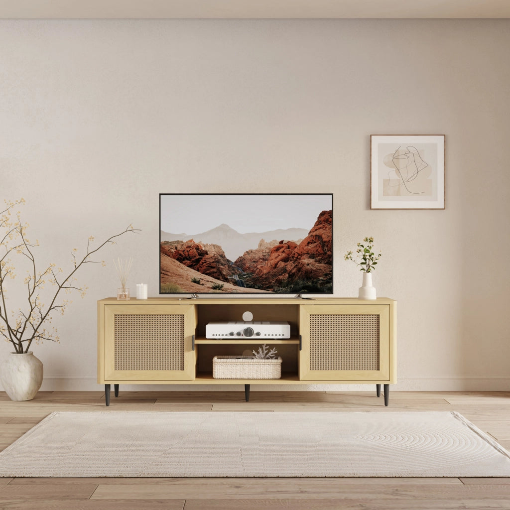 Mobile TV Lukhomso con Ante Inserto Effetto Rattan 152x40x54 cm Effetto Rovere [en.casa]