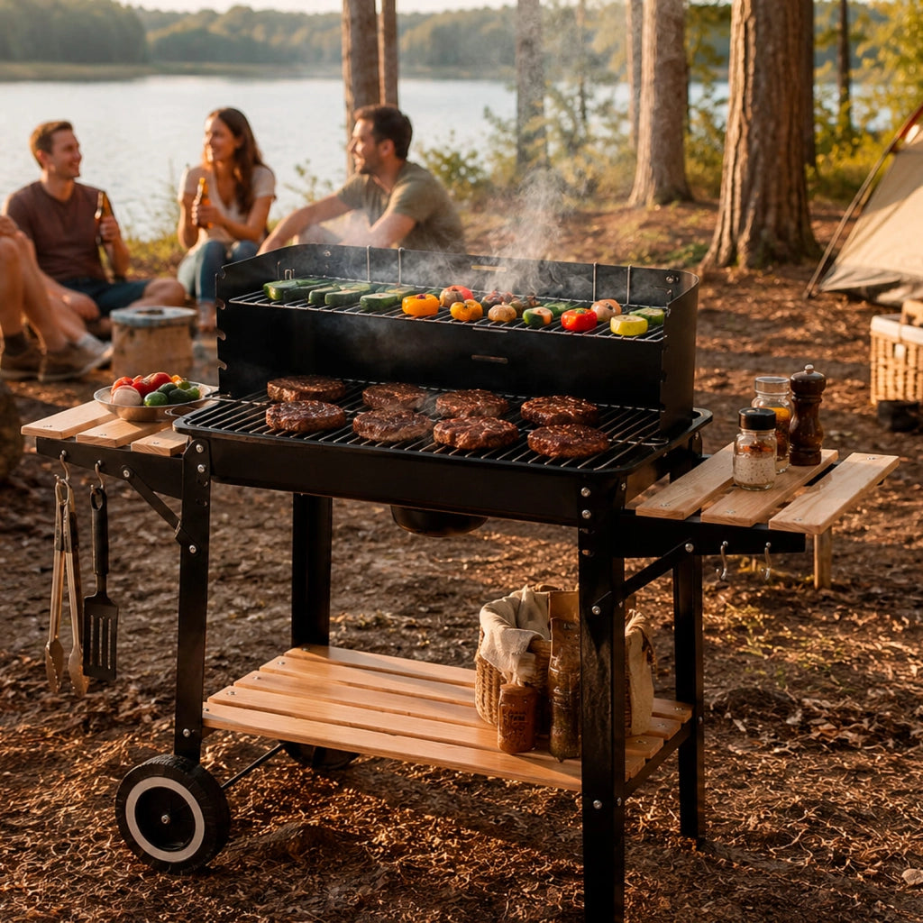 Barbecue A Carbone Con Griglia E Paravento Antivento Ripiani Legno Laterali Ganci Porta Utensili Ruote Per Trasporto Facile Giardino Campeggio 94 x 40 x 84 Cm Nero