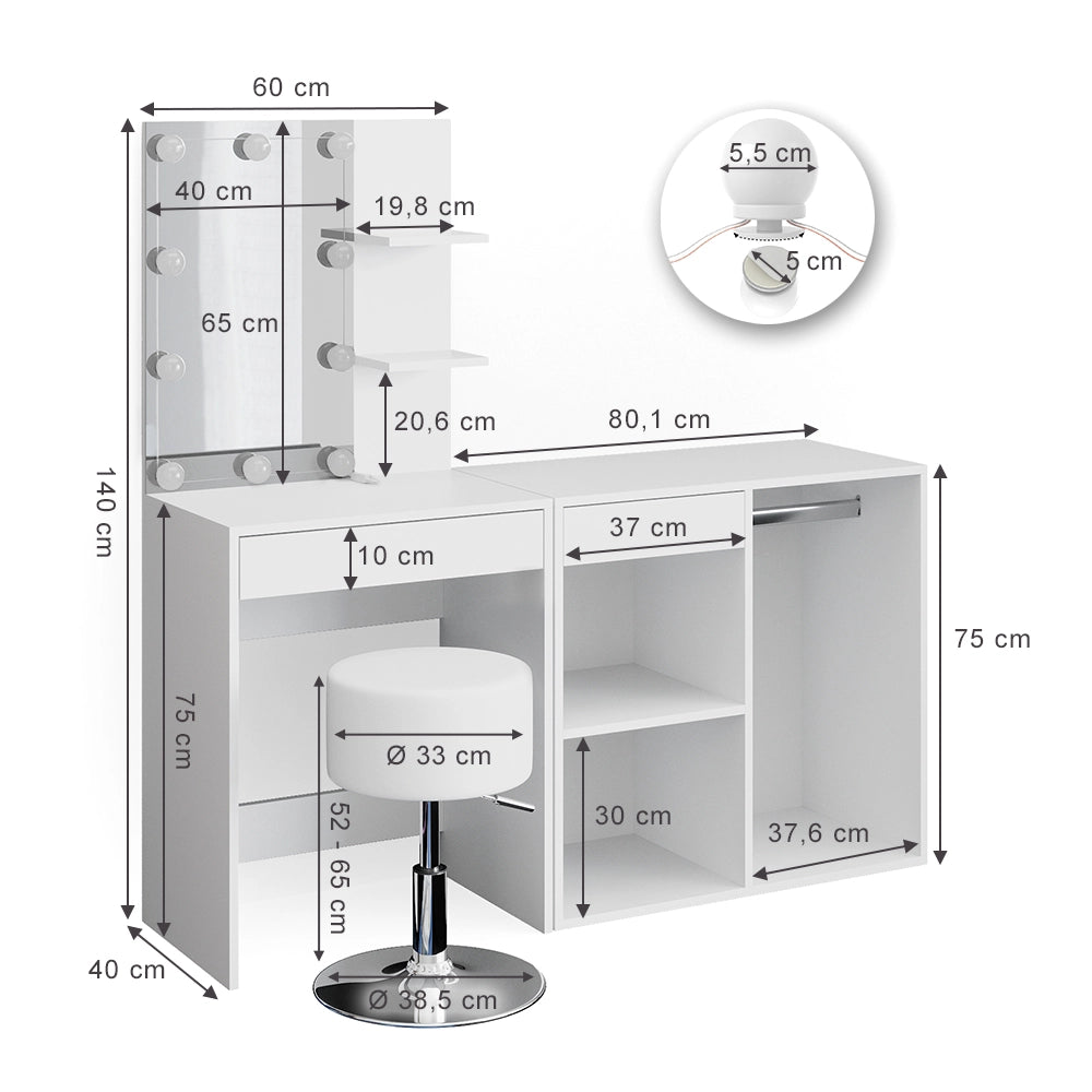 Vicco Tavolo da toeletta Bianco 140 cm con LED, sgabello e armadio