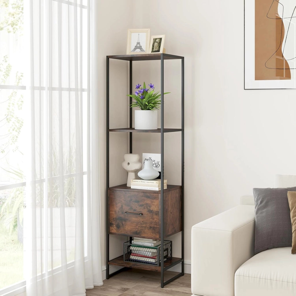 Scaffale a 5 livelli, libreria con 4 ripiani aperti e 1 cassetto, con kit antiribaltamento, 45 x 35 x 160 cm, scaffale portaoggetti per soggiorno, camera da letto, ufficio (marrone)