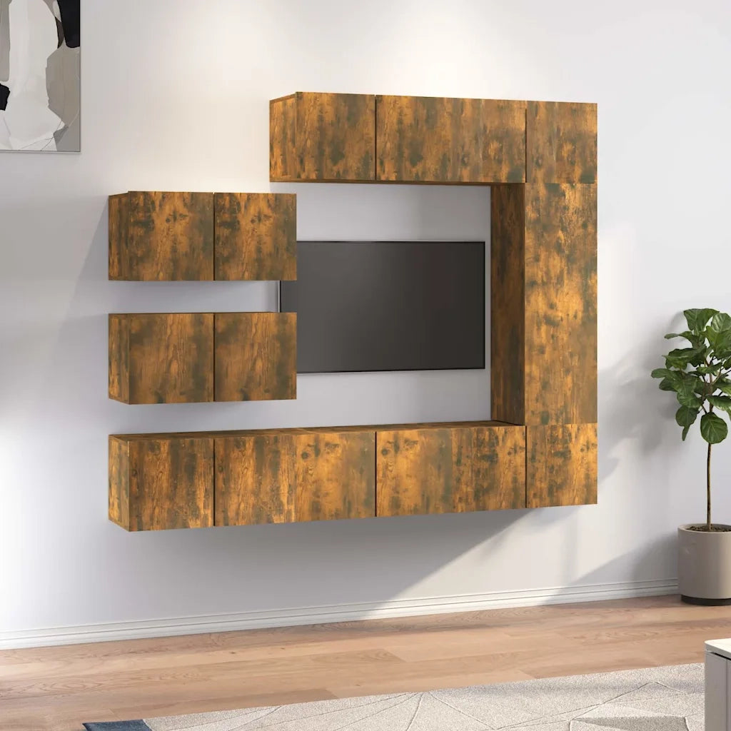 Set Mobili Porta TV 8 pz | Armadietto TV | Mobile Porta TV Rovere Fumo in Legno Multistrato