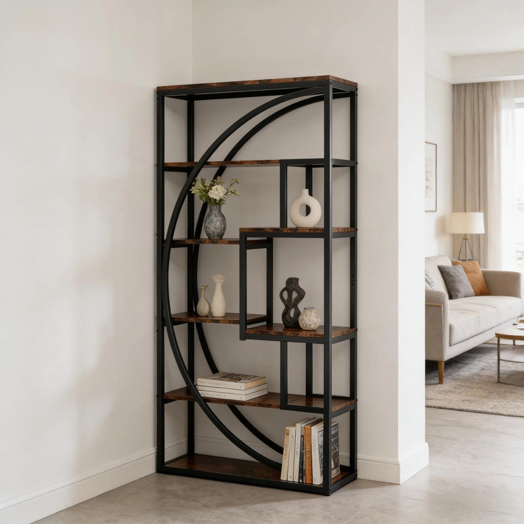 Libreria moderna a 6 livelli con 8 vani aperti in metallo nero e legno marrone rustico 80x30x179 cm