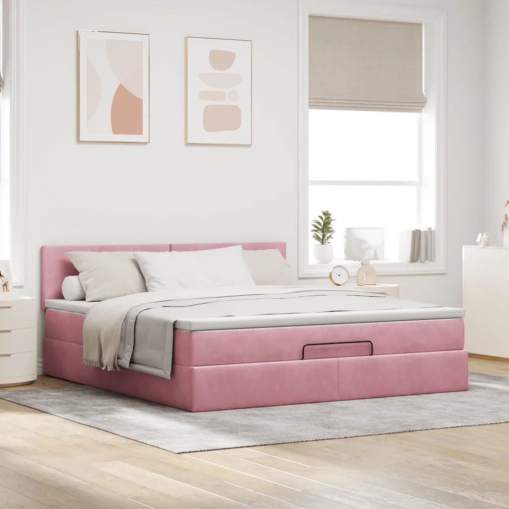 Struttura Letto Pouf con Materasso Rosa 160x200 cm in Velluto 3312565