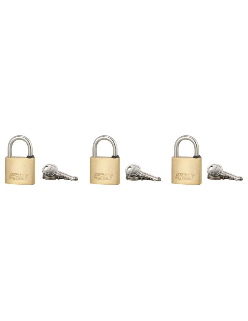 Set di 3 Lucchetti stessa chiave Mach 3, ansa 45mm ansa acciaio inox, ottone, da esterno, anticorrosione, 3x3 chiavi  - THIRARD
