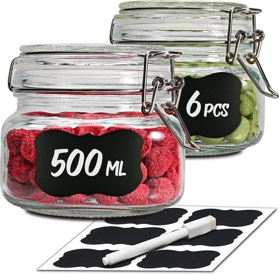 6 contenitori di conservazione con guarnizione a gomma elastica, 500 ml, con etichette, pennello e guanti in silicone aggiuntivi, risparmio di spazio grazie alla forma angolata, lavastoviglie compatibile