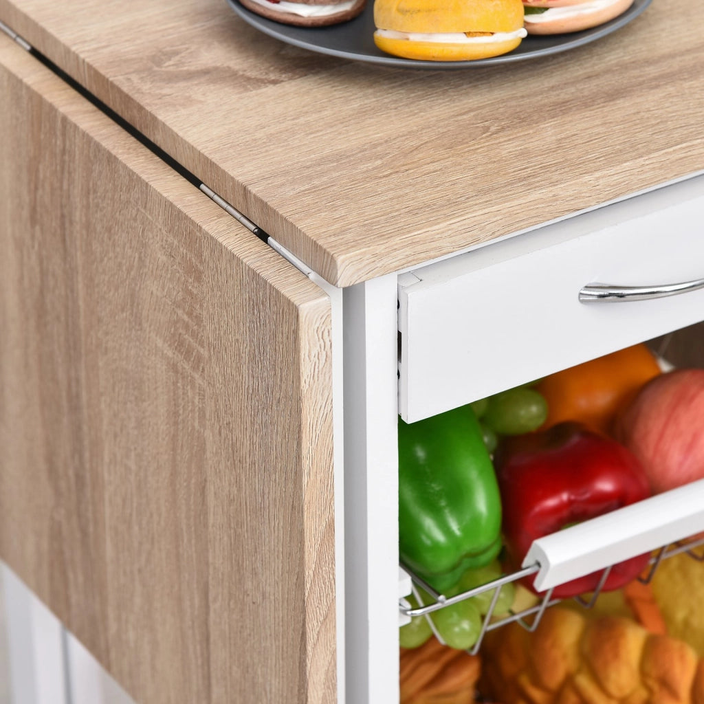 Easycomfort Carrello Portavivande Pieghevole a 6 Ruote con 3 Cestini, Cassetto e 2 Ribalte, Carrellino per Cucina in MDF e Metallo, 37x37x77.5 cm, Bianco e Legno