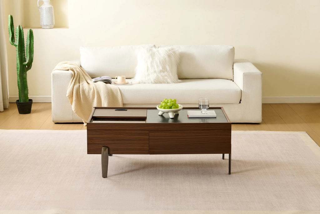 Tavolino da Caffè con 2 Cassetti; Piano Scorrevole e Piano in Vetro; Stile Industriale; in MDF; 105×50×41;5 cm; Marrone