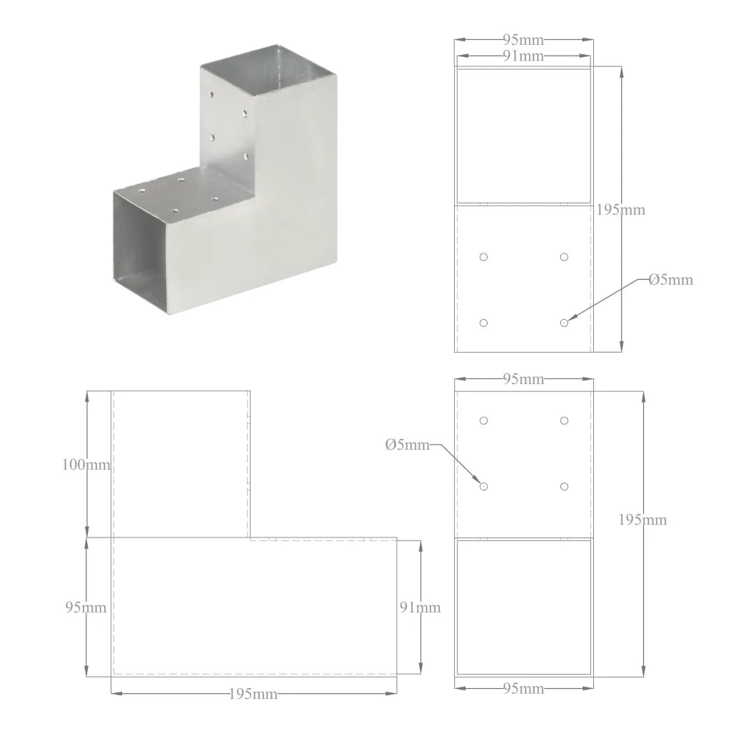 Connettori per Pali a Forma di L 4 pz Metallo Zincato 91x91 mm cod mxl 58382