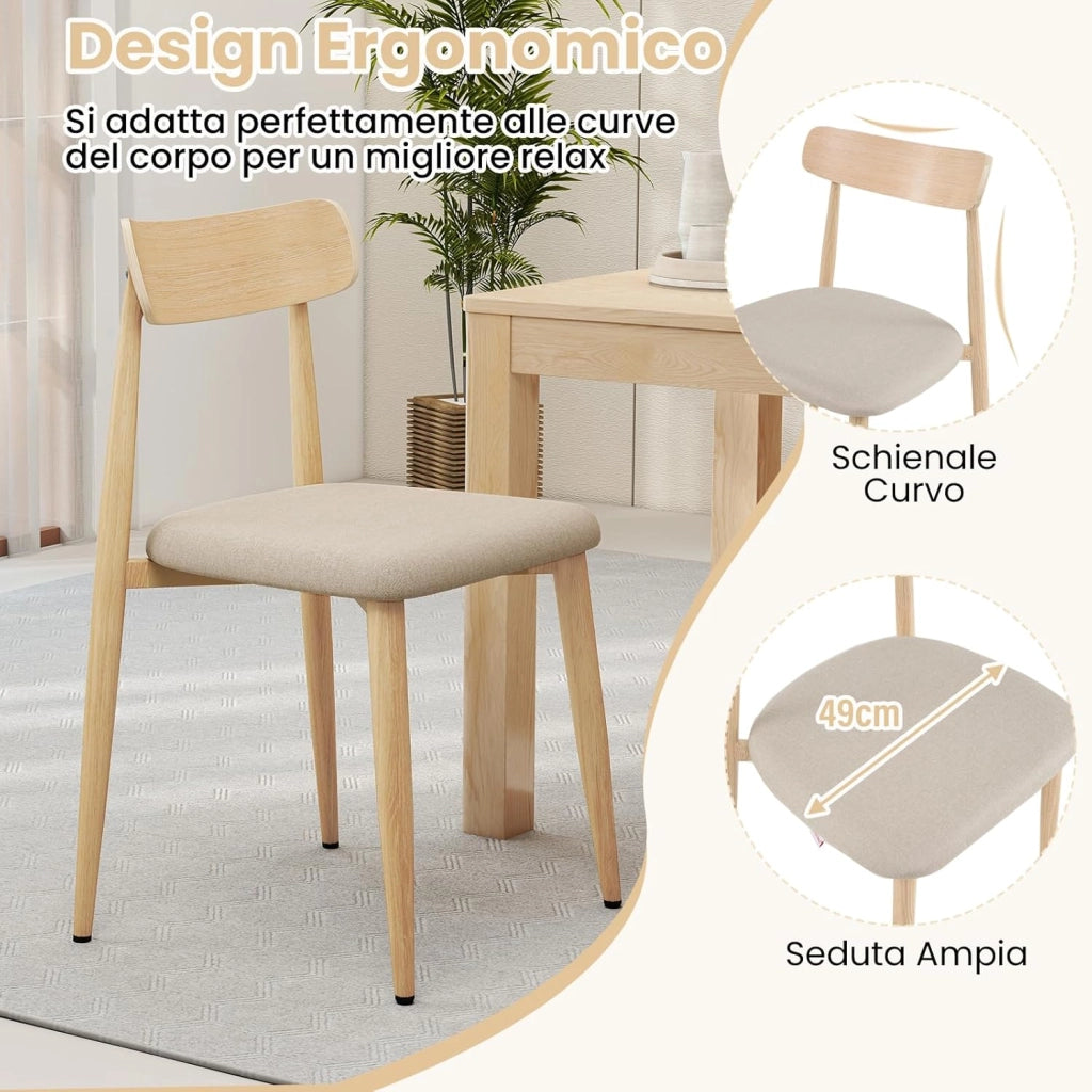 Set di 2 Sedie da Pranzo Moderne, Sedie Rivestite in Tessuto di Lino con Gambe in Metallo Robusto, Seduta Imbottita, Schienale Curvo, Sedia senza Braccioli per Sala da Pranzo e Soggiorno