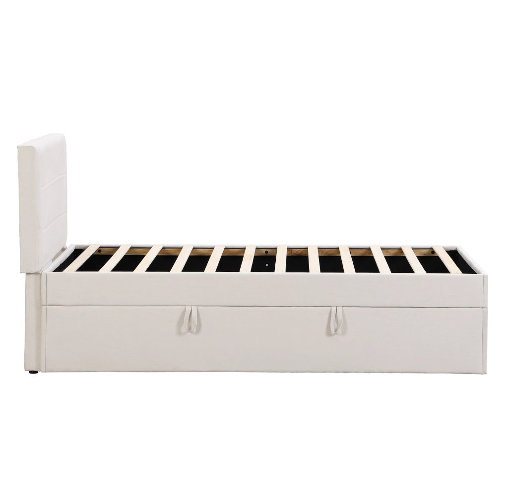 Letto singolo imbottito 90x200 cm con vano contenitore e rete a doghe; lino beige