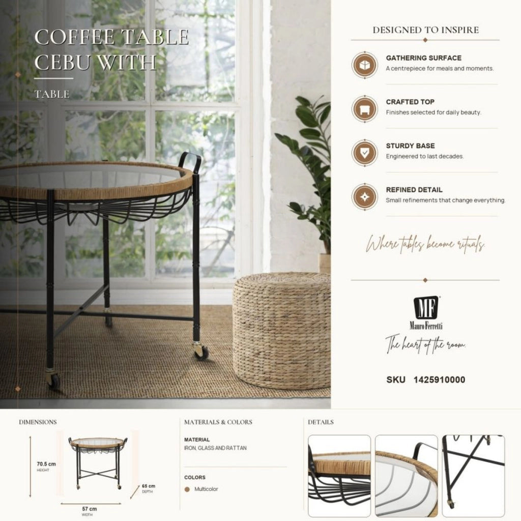 Tavolino Cebu con piano in vetro e ruote, ferro e rattan — 70,5x65x57 cm