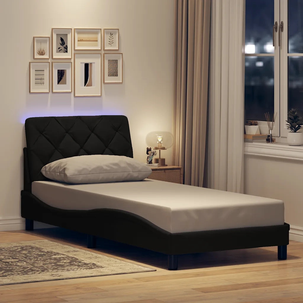 Letto singolo | Letto per adulti | Giroletto con LED senza Materasso Nero 90x200 cm in Tessuto