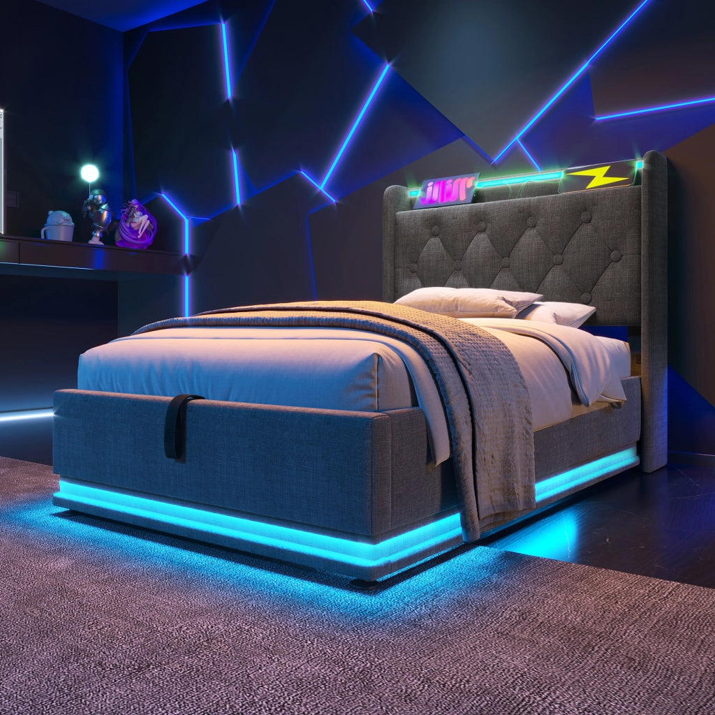 LETTO Singolo 90x200 cm Grigio in Lino con LED 360° e ricarica USB Type-C