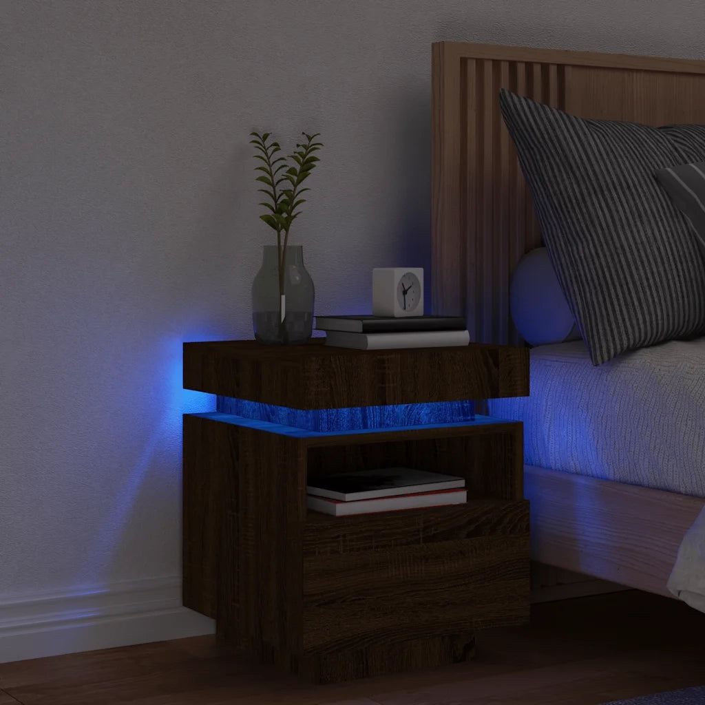 Comodino | Armadio da Notte | Mobiletto da notte con Luci LED Rovere Marrone 40x39x48,5 cm