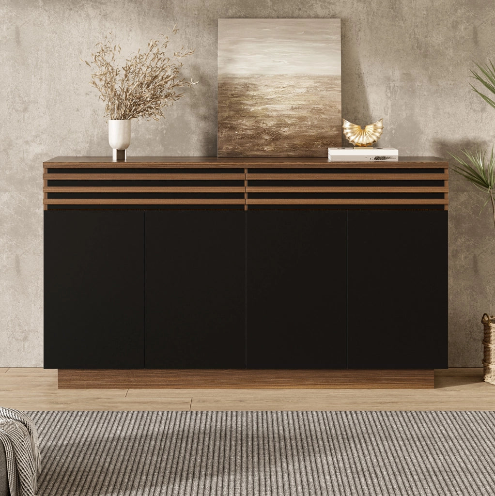 Sideboard 150x40x85 cm in MDF effetto legno marrone e nero; 2 cassetti e 4 ante